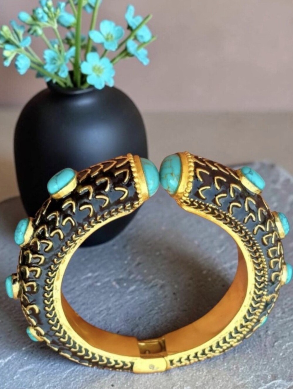 22k Gold Plated Chunky Onyx Enamel Genuine Turquoise Statement Clamper Bracelet